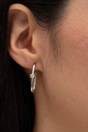 Oval Tektaş Rodyumlu Gümüş Küpe 7249