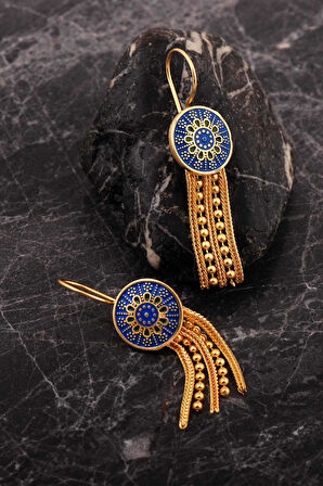 Anadolu Motifli Gümüş Altın Kaplama Midyat Hasırı Mineli Küpe 7254