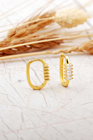 Baget Taşlı Oval Küçük Boy Altın Kaplama Gümüş Küpe 7261