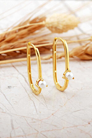 Oval İncili Altın Kaplama Gümüş Küpe 7263