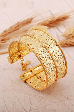 Tuğralı Altın Kaplama İki Sıra Gümüş Hasır Bilezik 4805