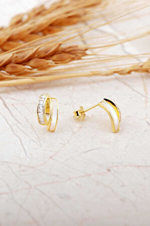 Sedef Taşlı Altın Kaplama Tasarım Gümüş Mini Baget Küpe 7266