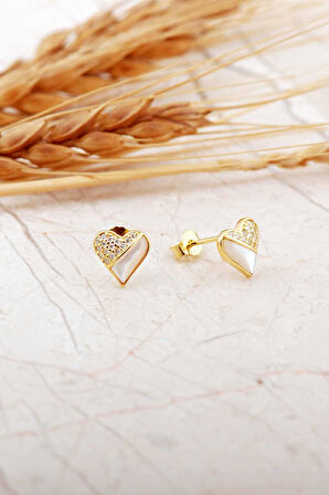 Sedef Taşlı Altın Kaplama Kalp Mini Gümüş Küpe 7268