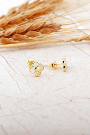 Sefef Taşlı Altın Kaplama Yonca Mini Gümüş Küpe 7272