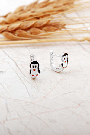 Mineli Penguen Rodyumlu Gümüş Çocuk Küpe 7298