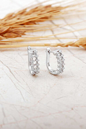 Taşlı Rodyumlu Gümüş J Küpe 7309