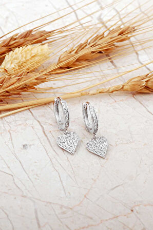 Kalp Sallantılı Rodyumlu Gümüş Halka Küpe 7338