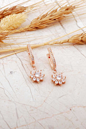 Elmas Modeli Çiçek Rose Gümüş Küpe 7341