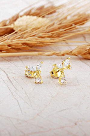 Markiz Taşlı Kelebek Altın Kaplama Mini Gümüş Küpe 7344