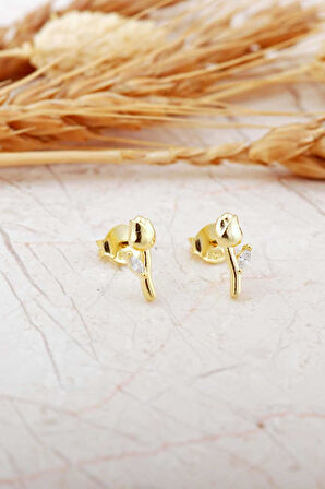 Taşlı Lale Altın Kaplama Mini Gümüş Küpe 7351