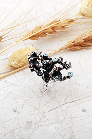 Hayat Ağacı Mineli Nazar Boncuklu Gümüş Yüzük 5993