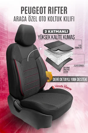 Peugeot Rifter Uyumlu Pamuklu Kumaş Araca Özel Oto Koltuk Kılıfı Tam Set Siyah Kırmızı