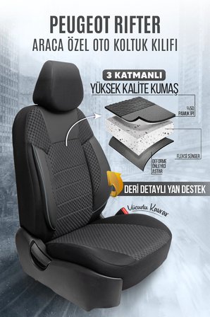 Peugeot Rifter Uyumlu Pamuklu Kumaş Araca Özel Oto Koltuk Kılıfı Tam Set Siyah