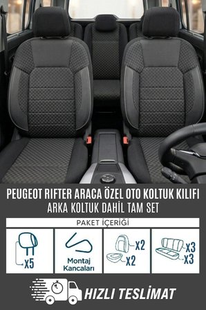 Peugeot Rifter Uyumlu Pamuklu Kumaş Araca Özel Oto Koltuk Kılıfı Tam Set Siyah