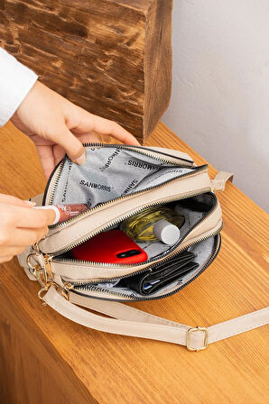 Kadın Ayarlanabilir Çapraz Askılı 4 Bölmeli  Kum Omuz ve Çapraz Çanta