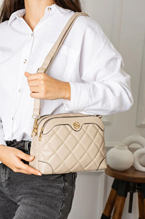 Kadın Ayarlanabilir Çapraz Askılı 4 Bölmeli  Kum Omuz ve Çapraz Çanta