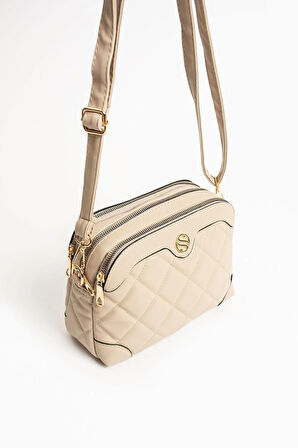 Kadın Ayarlanabilir Çapraz Askılı 4 Bölmeli  Kum Omuz ve Çapraz Çanta