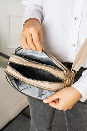 Kadın Ayarlanabilir Çapraz Askılı 4 Bölmeli  Kum Omuz ve Çapraz Çanta