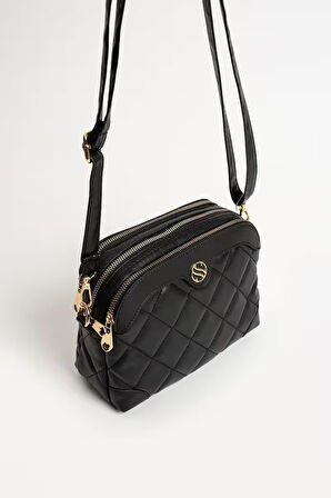 Kadın Ayarlanabilir Çapraz Askılı 4 Bölmeli Siyah Mat Omuz ve Çapraz Çanta S-1267