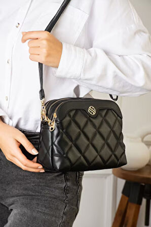 Kadın Ayarlanabilir Çapraz Askılı 4 Bölmeli Siyah Mat Omuz ve Çapraz Çanta S-1267