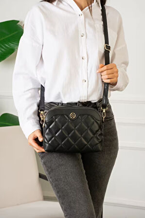 Kadın Ayarlanabilir Çapraz Askılı 4 Bölmeli Siyah Mat Omuz ve Çapraz Çanta S-1267