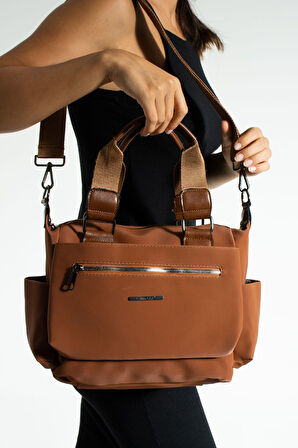 Kadın Çok Gözlü Suya Dayanıklı Taba Saten Deri Ayarlanbilir Çapraz Askılı El ve Omuz Çantası