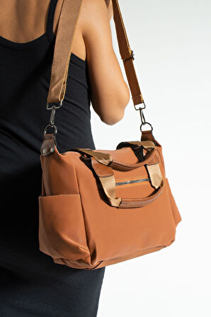 Kadın Çok Gözlü Suya Dayanıklı Taba Saten Deri Ayarlanbilir Çapraz Askılı El ve Omuz Çantası