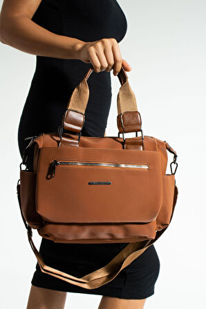 Kadın Çok Gözlü Suya Dayanıklı Taba Saten Deri Ayarlanbilir Çapraz Askılı El ve Omuz Çantası