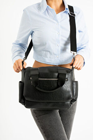 Kadın Suni Deri Çok Gözlü Kullanışlı Ayarlanabilir Çapraz Askılı Siyah Mat Omuz Çantası