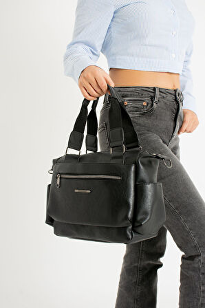 Kadın Suni Deri Çok Gözlü Kullanışlı Ayarlanabilir Çapraz Askılı Siyah Mat Omuz Çantası