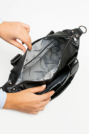 Kadın Suni Deri Çok Gözlü Kullanışlı Ayarlanabilir Çapraz Askılı Siyah Mat Omuz Çantası