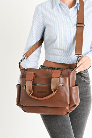 Kadın Suni Deri Çok Gözlü Kullanışlı Ayarlanabilir Çapraz Askılı Omuz Çantası Taba Mat