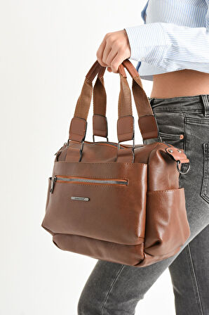 Kadın Suni Deri Çok Gözlü Kullanışlı Ayarlanabilir Çapraz Askılı Omuz Çantası Taba Mat