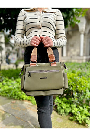 Kadın Çok Gözlü Suya Dayanıklı Ayarlanbilir Çapraz Askılı Haki Taba El ve Omuz Çantası