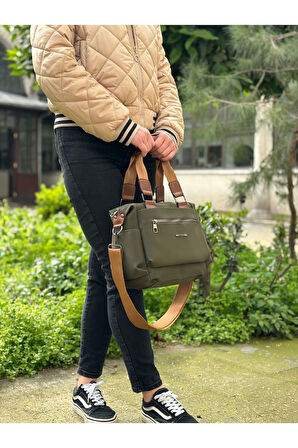 Kadın Çok Gözlü Suya Dayanıklı Ayarlanbilir Çapraz Askılı Haki Taba El ve Omuz Çantası