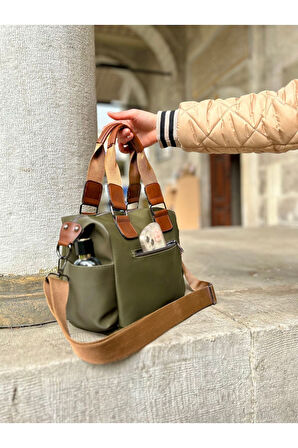 Kadın Çok Gözlü Suya Dayanıklı Ayarlanbilir Çapraz Askılı Haki Taba El ve Omuz Çantası