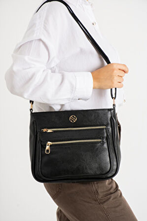 Kadın,Ayarlanabilir Çapraz Askılı, Dört Cepli Siyah Mat Omuz Çantası