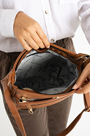 Kadın,Ayarlanabilir Çapraz Askılı, Dört Cepli Taba Omuz Çantası