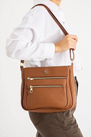 Kadın,Ayarlanabilir Çapraz Askılı, Dört Cepli Taba Omuz Çantası