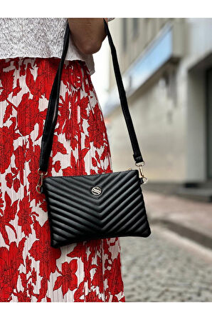 Kadın Suni Deri Siyah Mat Ayarlanabilir Çapraz Ve El Askılı Portföy, Clutch Çanta
