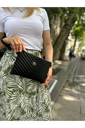 Kadın Siyah Renkli Saten Kumaş Ayarlanabilir Çapraz Ve El Askılı Portföy, Clutch Çanta
