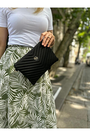 Kadın Siyah Renkli Saten Kumaş Ayarlanabilir Çapraz Ve El Askılı Portföy, Clutch Çanta
