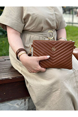 Kadın Suni Deri Taba Renkli Ayarlanabilir Çapraz Ve El Askılı Portföy, Clutch Çanta