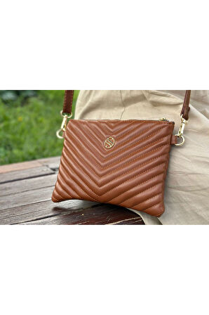 Kadın Suni Deri Taba Renkli Ayarlanabilir Çapraz Ve El Askılı Portföy, Clutch Çanta