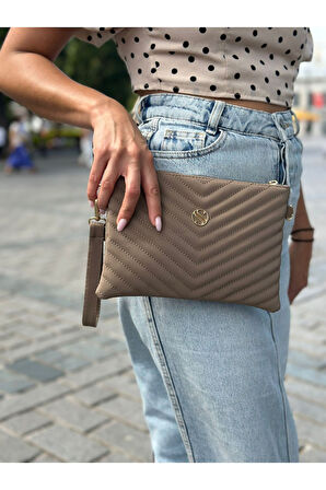 Kadın Saten Kumaş Vizon Renkli Ayarlanabilir Çapraz Ve El Askılı Portföy, Clutch Çanta