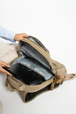 Unisex Suya Dayanıklı Kumaş Laptop Bölmeli 3 Gözlü Bej Renkli Okul Seyahat Sırt Çantası