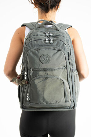 Unisex Suya Dayanıklı Krinkıl Kumaş Çok Gözlü Orta Boy Koyu Gri Renkli Laptop Okul Ve Sırt Çantası