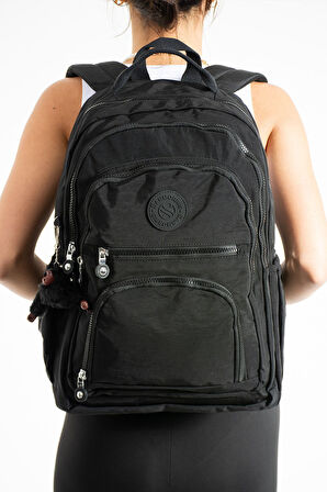 Unisex Suya Dayanıklı Krinkıl Kumaş Çok Gözlü Orta Boy Siyah Renkli Laptop Okul Ve Sırt Çantası