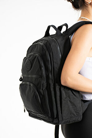 Unisex Suya Dayanıklı Krinkıl Kumaş Çok Gözlü Orta Boy Siyah Renkli Laptop Okul Ve Sırt Çantası