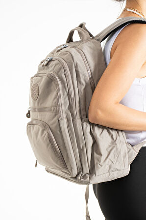 Unisex Suya Dayanıklı Vizon Renkli Krinkıl Kumaş Çok Gözlü Orta Boy Laptop Okul Ve Sırt Çantası